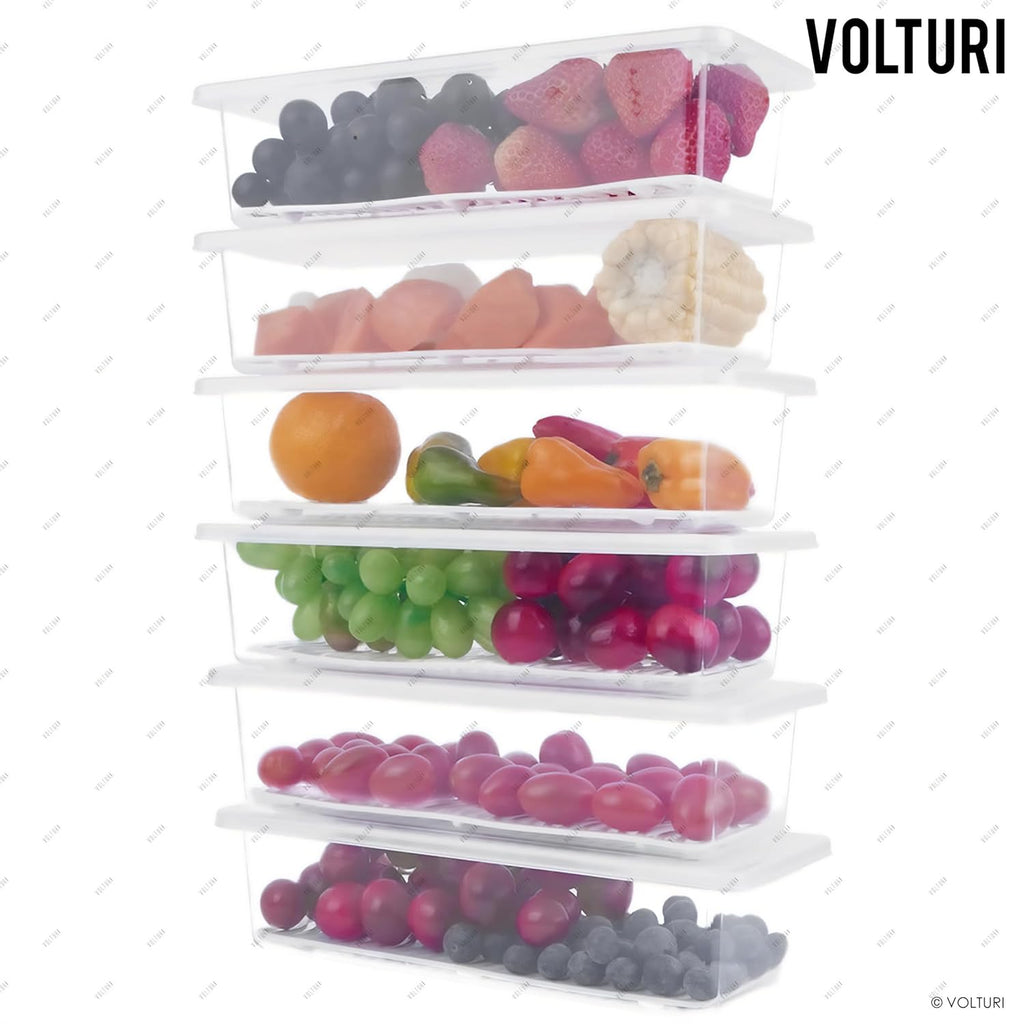 VOLTURI Fridge Storage Containers (Pack of 6), Fridge Organiser Storage Boxes with Removable Drain Plate, Lids, Stackable Organizer, Fridge Storage Box Keep Fruits, Vegetables Fresher, 1500 ML