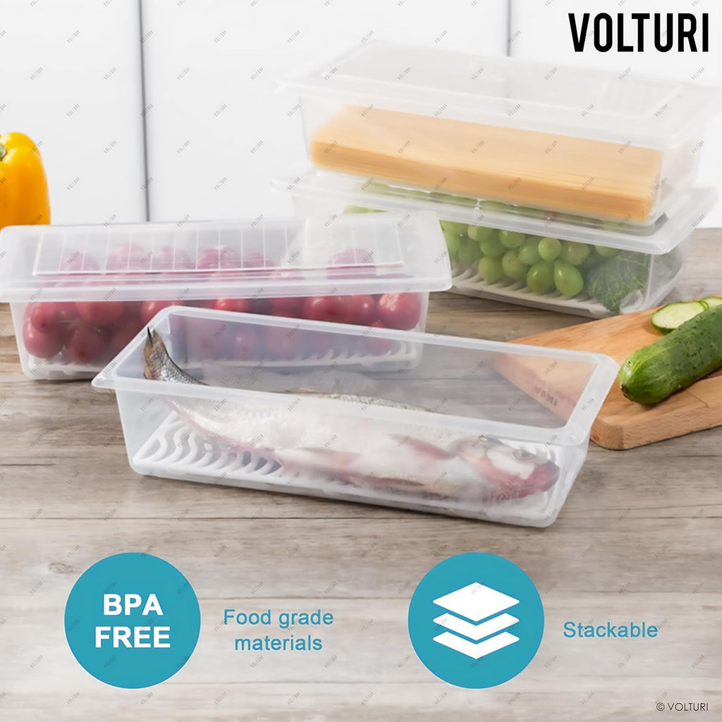 VOLTURI Fridge Storage Containers (Pack of 6), Fridge Organiser Storage Boxes with Removable Drain Plate, Lids, Stackable Organizer, Fridge Storage Box Keep Fruits, Vegetables Fresher, 1500 ML
