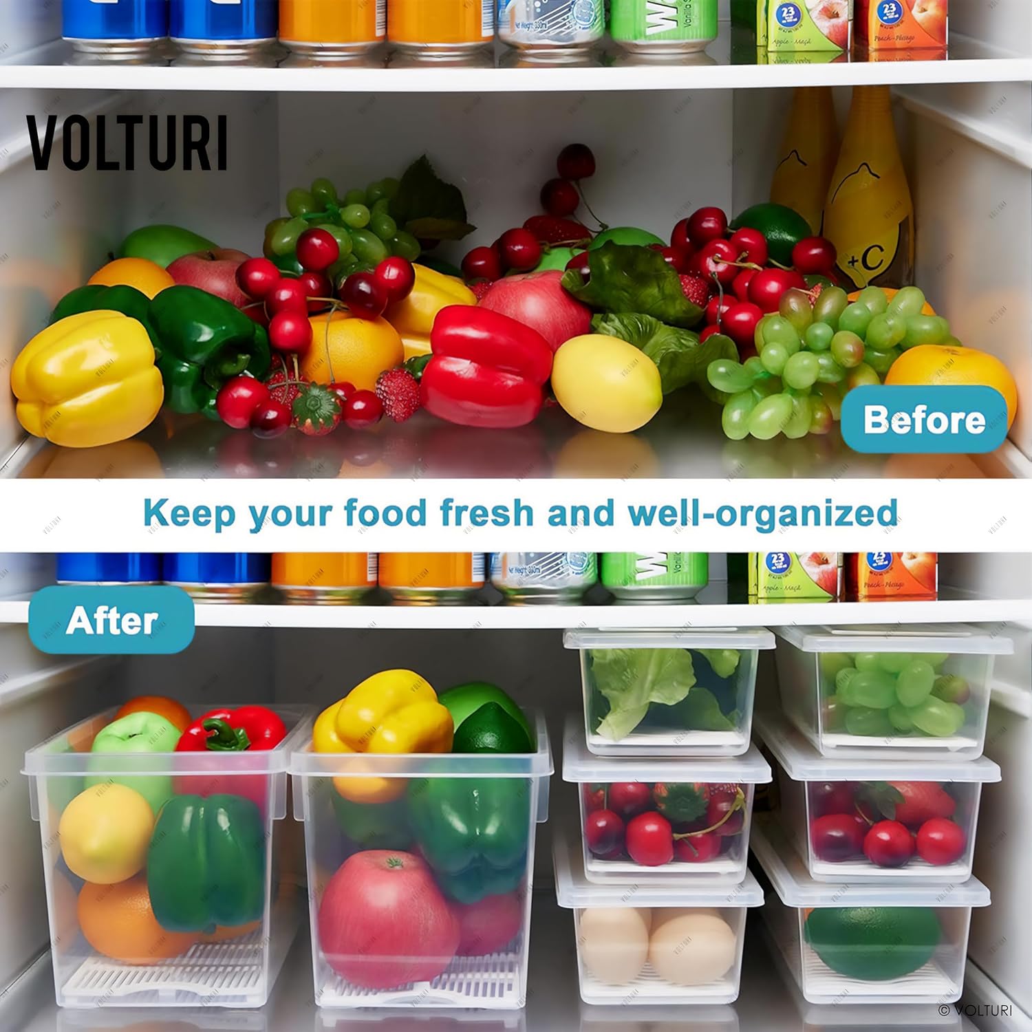 VOLTURI Fridge Storage Containers (Pack of 6), Fridge Organiser Storage Boxes with Removable Drain Plate, Lids, Stackable Organizer, Fridge Storage Box Keep Fruits, Vegetables Fresher, 1500 ML