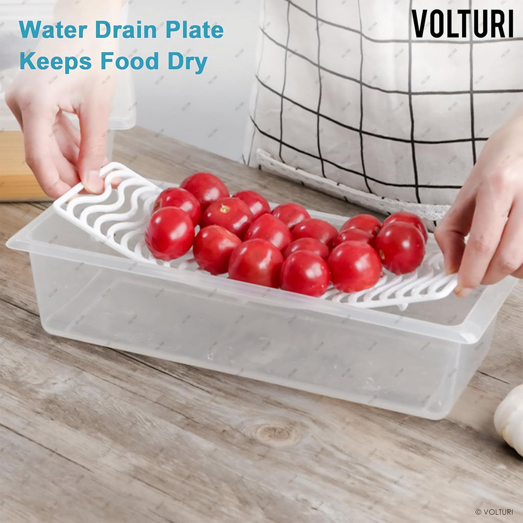 VOLTURI Fridge Storage Containers (Pack of 6), Fridge Organiser Storage Boxes with Removable Drain Plate, Lids, Stackable Organizer, Fridge Storage Box Keep Fruits, Vegetables Fresher, 1500 ML