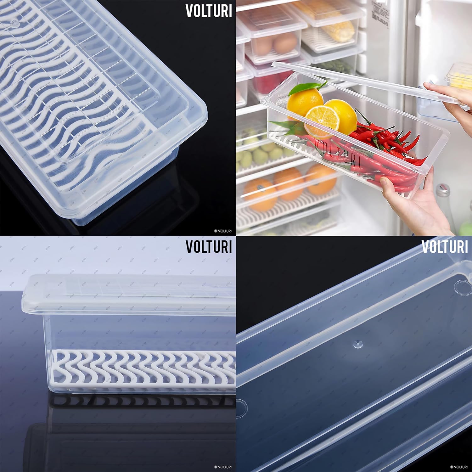 VOLTURI Fridge Storage Containers (Pack of 6), Fridge Organiser Storage Boxes with Removable Drain Plate, Lids, Stackable Organizer, Fridge Storage Box Keep Fruits, Vegetables Fresher, 1500 ML