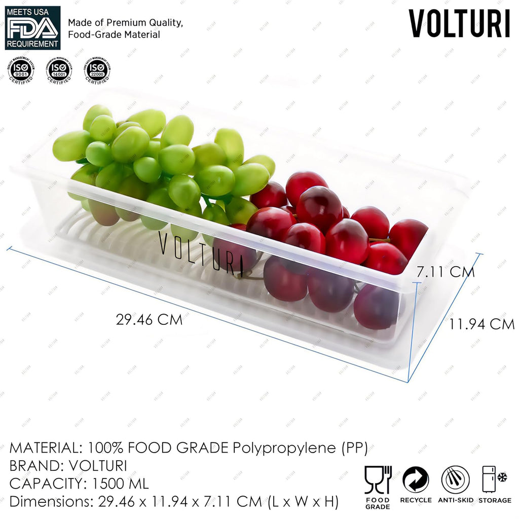 VOLTURI Fridge Storage Containers (Pack of 6), Fridge Organiser Storage Boxes with Removable Drain Plate, Lids, Stackable Organizer, Fridge Storage Box Keep Fruits, Vegetables Fresher, 1500 ML