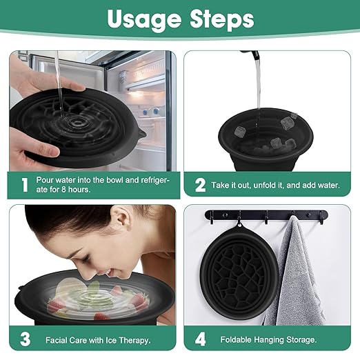 Face Bowl for Ice Silicone Collapsible Bowl with Built In Icetray,Small Wash Basin Large Face Ice Bath Bowl Silicone Portable Foldable for Home Camping Travel Cold Bowls Bath Water Chiller Black