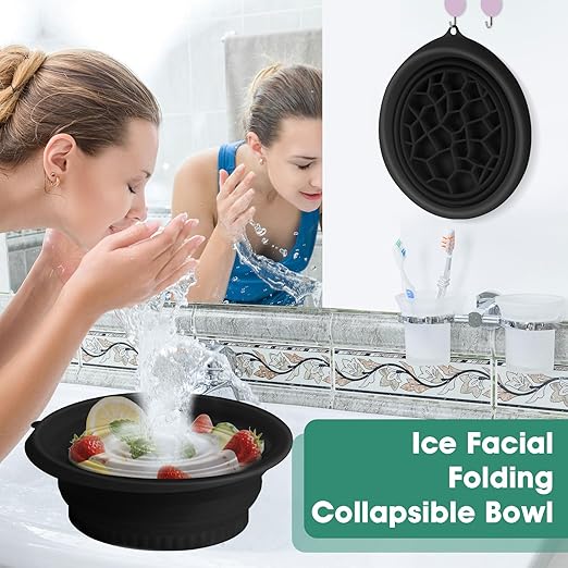 Face Bowl for Ice Silicone Collapsible Bowl with Built In Icetray,Small Wash Basin Large Face Ice Bath Bowl Silicone Portable Foldable for Home Camping Travel Cold Bowls Bath Water Chiller Black