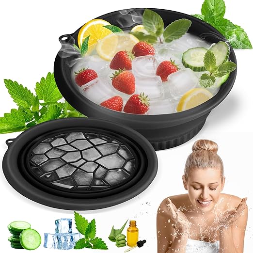 Face Bowl for Ice Silicone Collapsible Bowl with Built In Icetray,Small Wash Basin Large Face Ice Bath Bowl Silicone Portable Foldable for Home Camping Travel Cold Bowls Bath Water Chiller Black